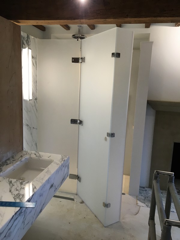 Bespoke frosted glass shower enclosure in East Dulwich luxury bathroom